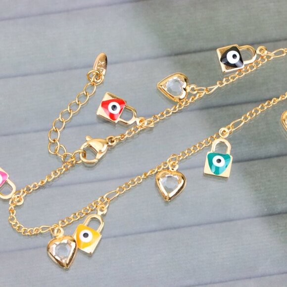 "Rose Gold Evil Eye & Heart Charm Anklet in Gold Plated Brass, XPAL1193 - Picture 11 of 12